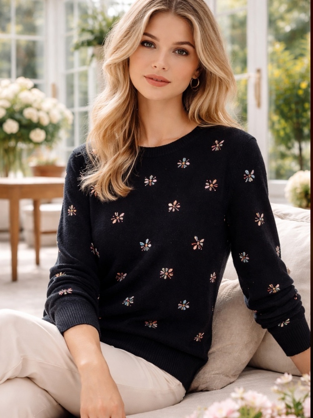 Talbots - Black Pure Cashmere Sweater with Floral Accents - XL